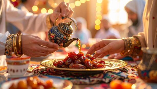 Golden Hour Iftar Pouring Sweet Syrup Over Dates in Ramadan Feast. photo