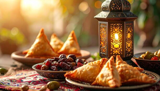 Golden Hour Ramadan Feast Samosas Dates Lantern and Olives. photo