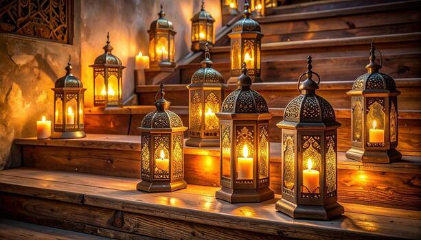 dorado linternas en de madera pasos calentar iluminación y intrincado detalles. foto