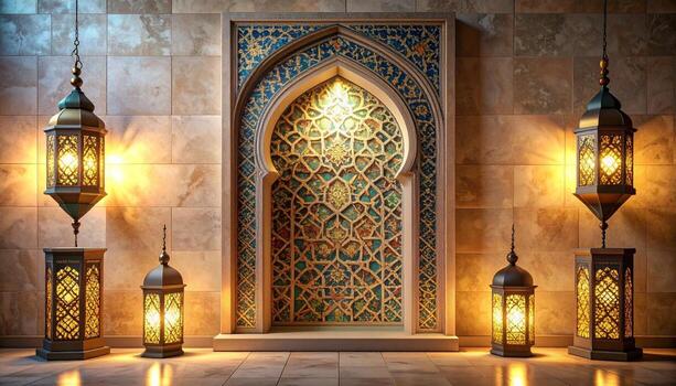 iluminado islámico arco con linternas calentar Encendiendo y intrincado detalles. foto