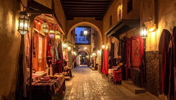 Illuminated Moroccan Souk Lanterns Textiles and Cobblestone Alleyway at Dusk. photo