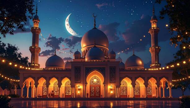 Illuminated Mosque at Night with Crescent Moon and Festive Lights photo