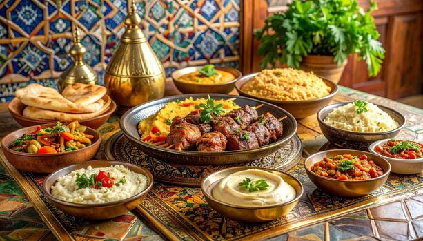 Lavish Middle Eastern Feast Skewered Meat Dips and Breads on Ornate Table. photo