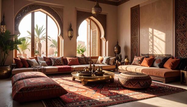 Luxurious Moroccan Interior with Ornate Details and Warm Inviting Atmosphere. photo