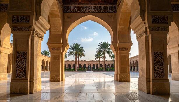 Majestic Islamic Architecture Arches Palm Trees and Sunlight in Courtyard. photo