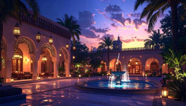 Moroccan Courtyard at Dusk Fountain Arches and Lanterns Glow Under Starry Sky. photo