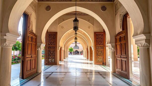 Ornate Arches and Lanterns in a Moroccan Courtyard Warm Light. photo