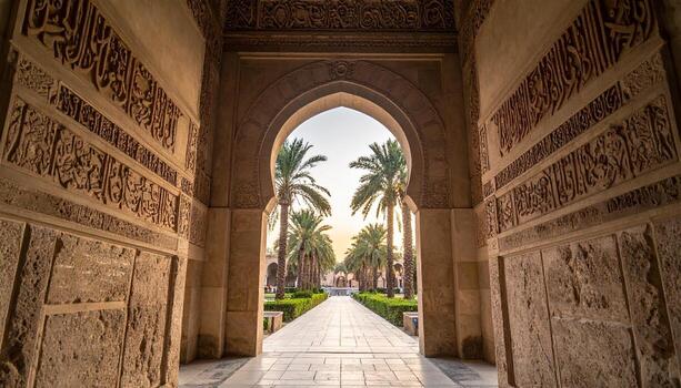 Ornate Archway Framing Palm Trees at Sunset Islamic Architecture Detail. photo
