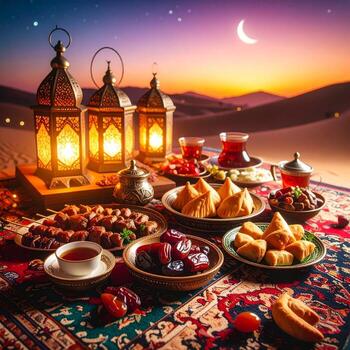Ramadan Feast Under Crescent Moon Lanterns Dates and Middle Eastern Delights. photo
