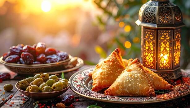 Ramadan Feast Samosas Dates Olives and Lantern Glow at Sunset. photo