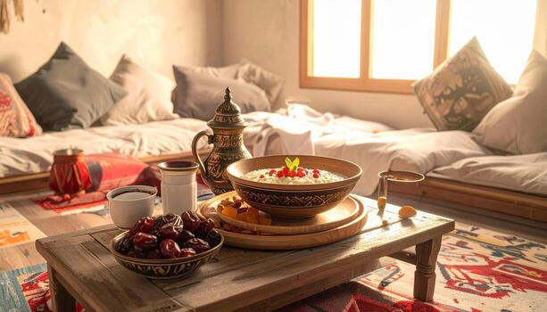 Ramadan Iftar Still Life Dates Porridge and Golden Pitcher in Warm Light. photo