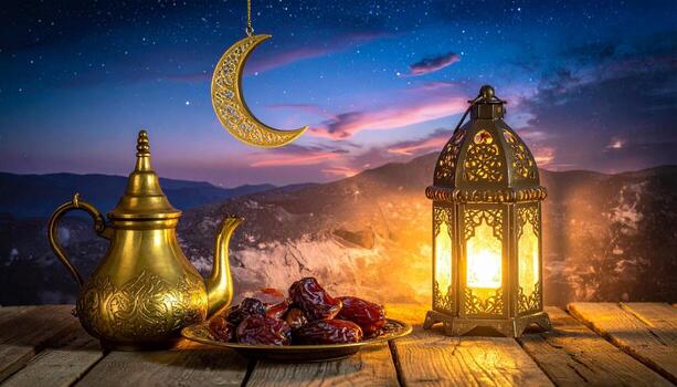Ramadan Still Life Golden Teapot Dates Lantern and Crescent Moon Against Starry Night. photo