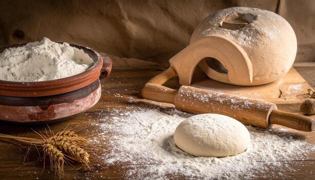Rustic Baking Scene Dough Flour and Rolling Pin on Wooden Surface. photo