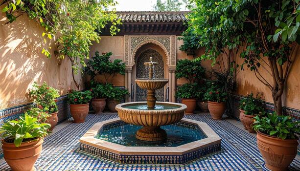 Serene Courtyard Fountain Moroccan Oasis with Lush Greenery and Intricate Tilework. photo