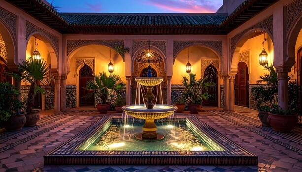Serene Moroccan Courtyard Fountain Arches and Warm Lantern Light at Twilight. photo