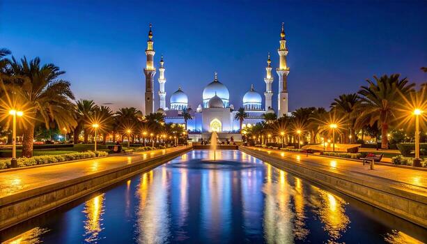 Sheikh Zayed Mosque at Twilight Reflecting Grandeur in Abu Dhabi. photo