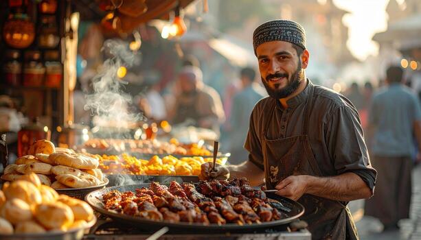 Smiling Street Vendor with Skewers and Bread in Bustling Market. photo