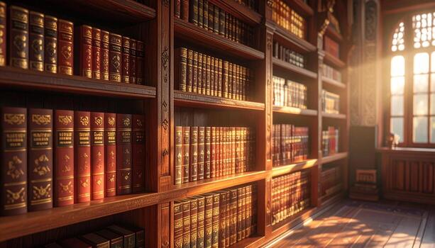 Sunlit Library Rows of Antique Books on Wooden Shelves Warm Light Streaming Through Window. photo