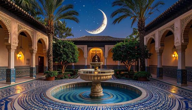 Tranquil Courtyard at Night Crescent Moon Fountain and Palm Trees. photo