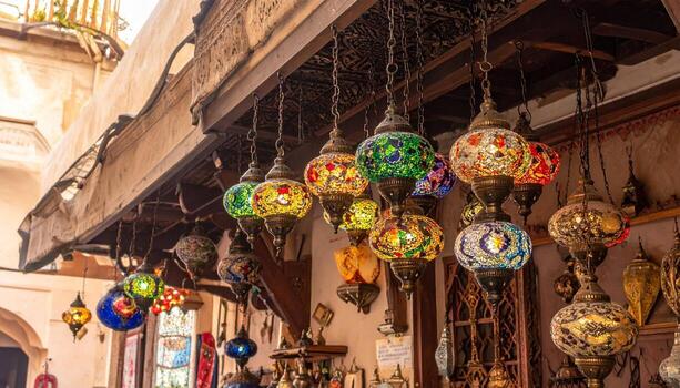Vibrant Mosaic Lamps A Kaleidoscope of Color in a Moroccan Bazaar. photo