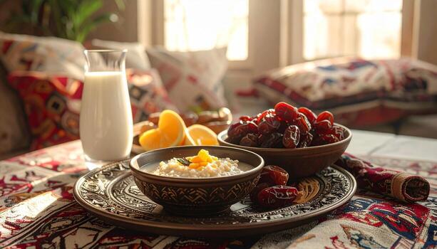 Warm Breakfast Dates Oatmeal Milk and Oranges on Decorative Table. photo