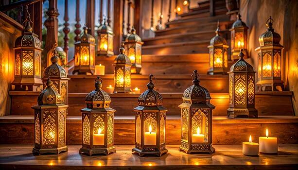Warm Lanterns Illuminate Wooden Staircase Creating a Cozy Atmospheric Scene. photo