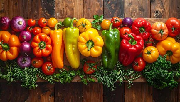 vibrante formación de Fresco vegetales en rústico de madera superficie De arriba hacia abajo vista. foto