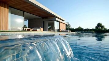 fluido agua característica creando un frio cascada en un nadando piscina durante tiempo de día video