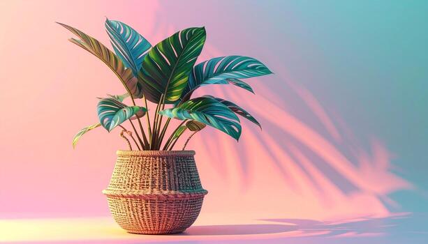 Calathea Plant in Woven Basket with Pastel Gradient Background and Leaf Shadows. photo