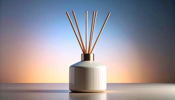 Elegant Reed Diffuser with Golden Accents on Soft Gradient Background. photo