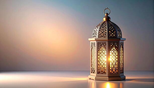 iluminado islámico linterna con florido diseño calentar resplandor y suave Encendiendo. foto
