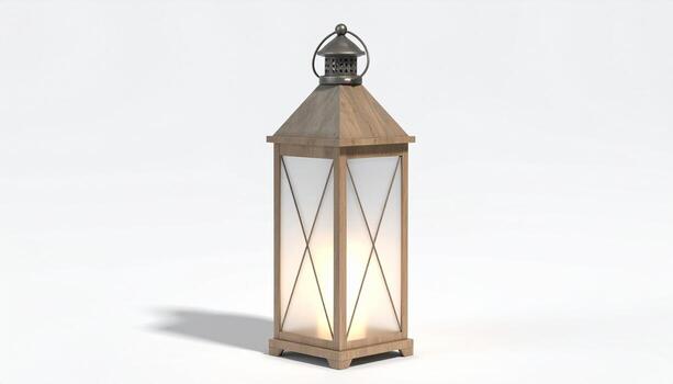 Illuminated Wooden Lantern with Frosted Glass on White Background Studio Shot. photo