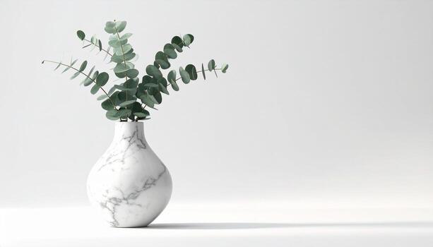 Marble Vase with Eucalyptus Branches on White Background Minimalist Still Life. photo