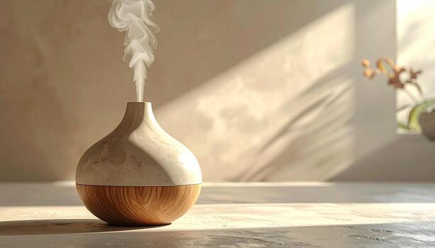 moderno aroma difusor con creciente niebla en iluminado por el sol minimalista interior. foto