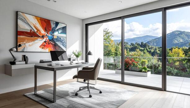 Modern Home Office with Abstract Art and Mountain View from Balcony. photo