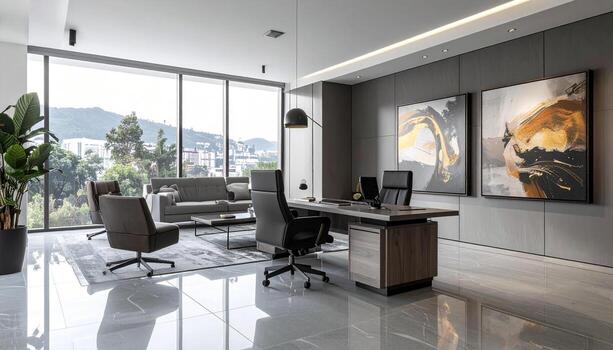 Modern Executive Office with Abstract Art Panoramic View and Polished Gray Marble Floor. photo