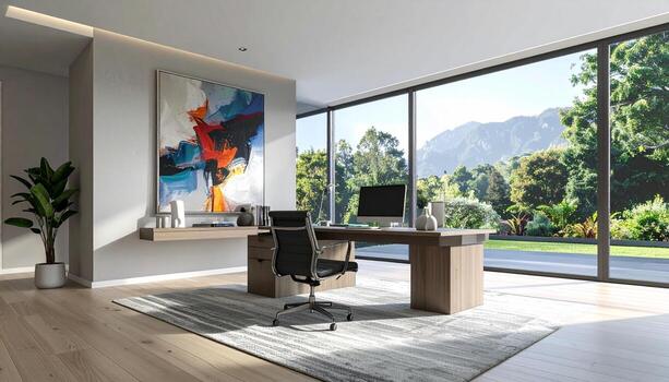 Modern Home Office with Abstract Art and Panoramic Mountain View. photo