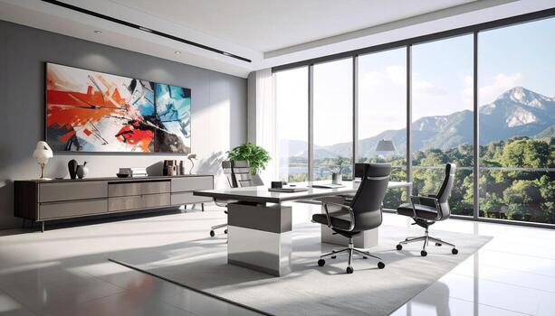 Modern Office Interior with Abstract Art and Mountain View Through Large Windows. photo