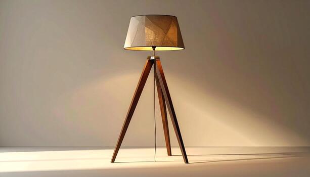 Modern Tripod Floor Lamp with Geometric Shade Casting Warm Light on Neutral Background. photo