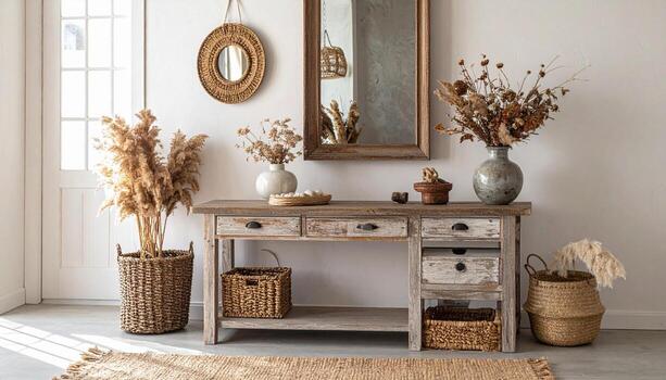 Rustic Interior Decor Console Table with Dried Flowers Mirror and Baskets. photo