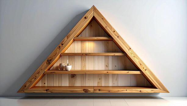 Triangular Wooden Shelf with Minimalist Decor Warm Lighting and Texture. photo
