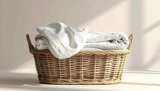 mimbre cesta desbordante con suave blanco toallas en amable luz de sol. foto
