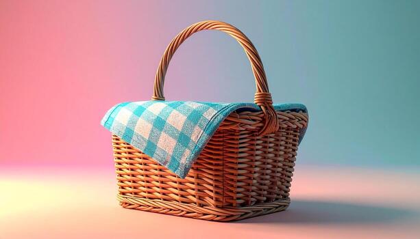 Woven Picnic Basket with Blue Gingham Cloth Studio Lit with Gradient Background. photo