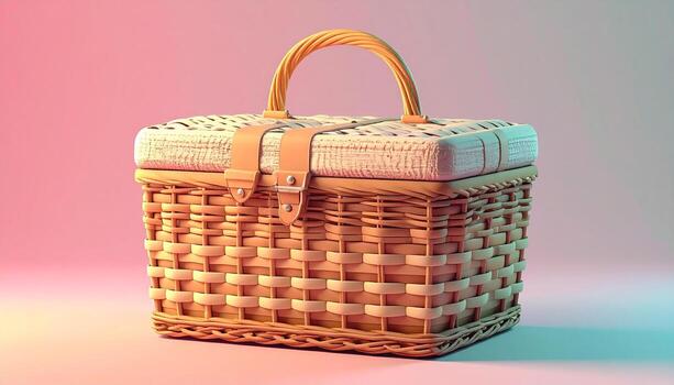 Woven Picnic Basket with Leather Strap on Gradient Pink and Teal Background. photo