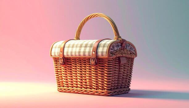 Woven Picnic Basket with Gingham Lid and Leather Straps on Gradient Background. photo