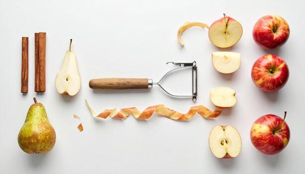 Apple and Pear Preparation Still Life with Cinnamon and Peeler on White. photo