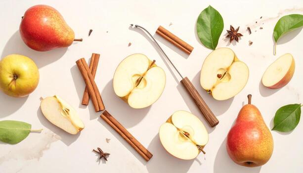 Autumnal Still Life Sliced Apples Pears Cinnamon and Spice on Marble Surface. photo