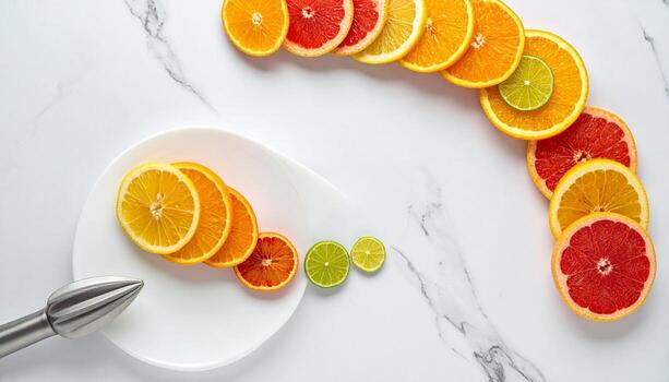 Citrus Symphony Vibrant Slices of Orange Grapefruit Lemon and Lime on Marble. photo