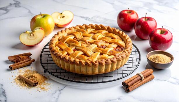 Delicious Apple Pie with Lattice Crust Apples Cinnamon and Sugar. photo
