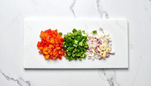 Diced Peppers and Onions on Marble Board Culinary Preparation TopDown View. photo
